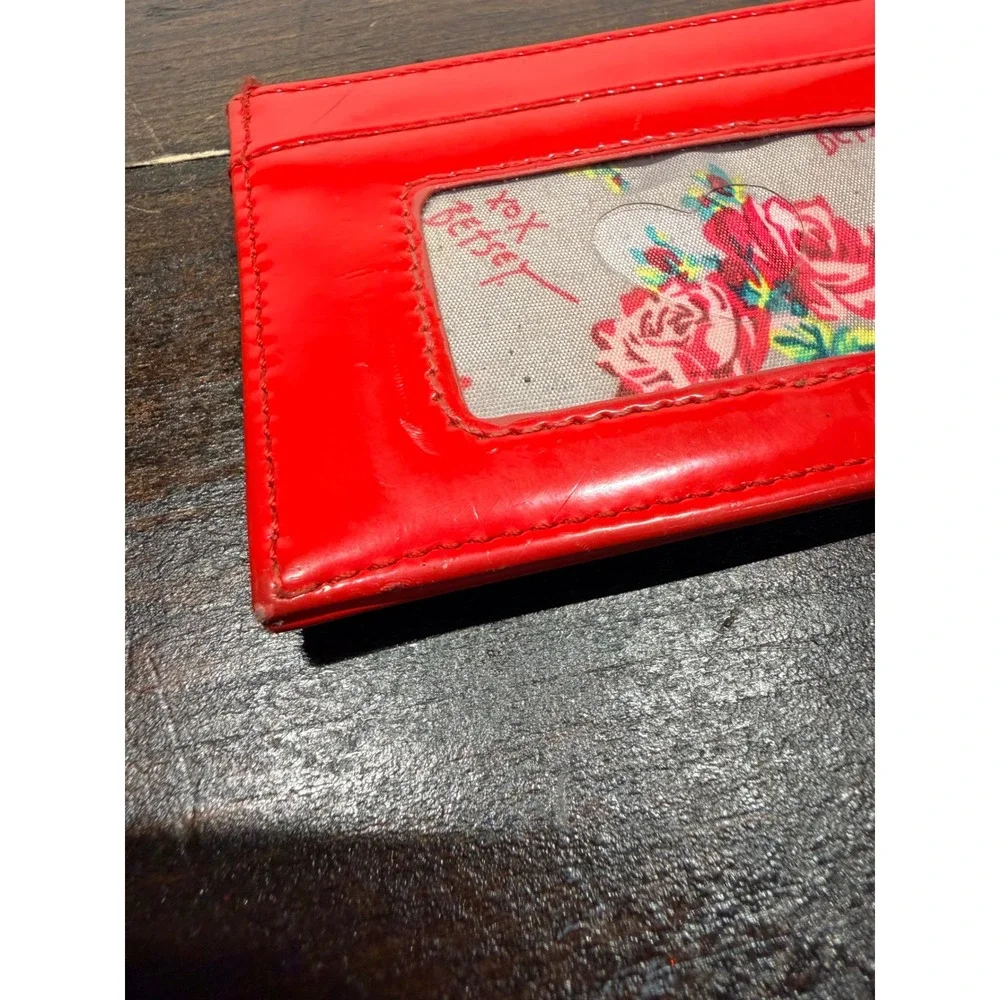 Betsey Johnson Red Patent Card‎ Holder Wallet Keychain ID Window Heart Logo